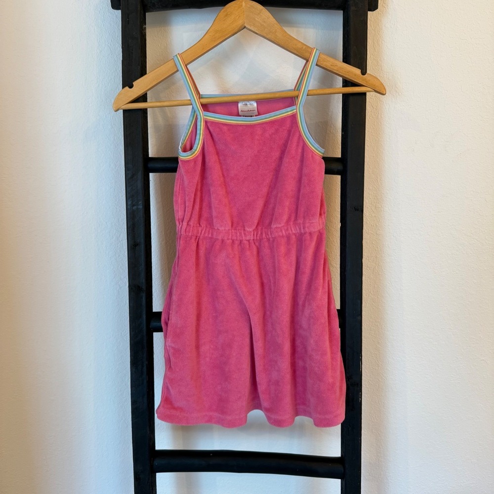 Hanna Andersson Pink Terry Cloth Rainbow Strap Dress Kids‎ Size 6-7